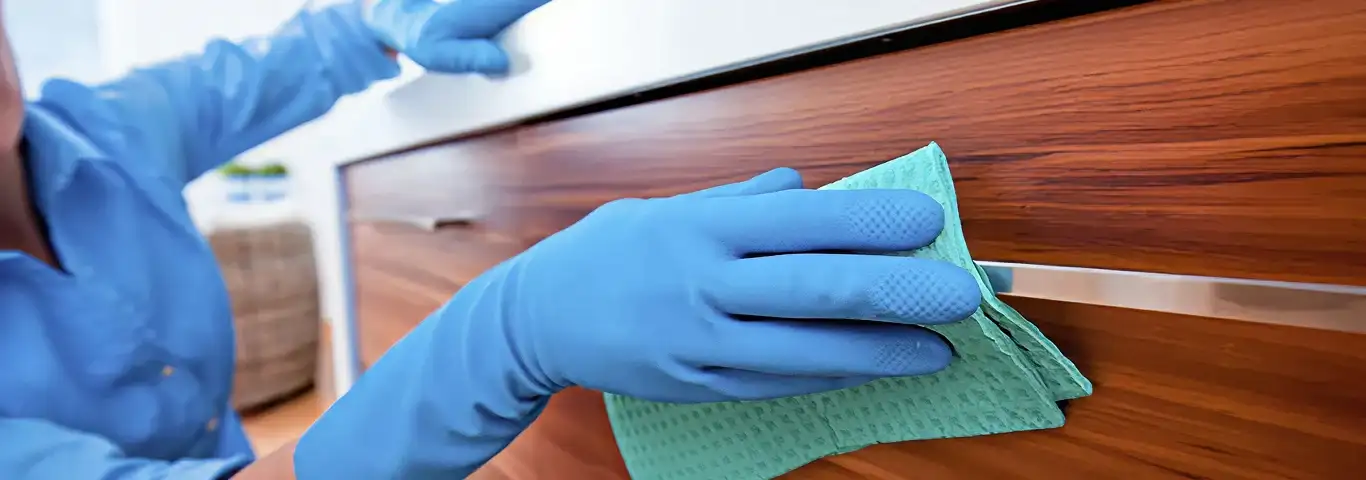 Cleaner wearing blue gloves wiping a wooden cabinet drawer with a microfiber cloth for dust and grime removal, Rochester, NY.