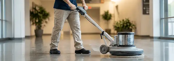 Professional technician using an industrial floor buffer to polish and maintain shiny commercial flooring in a corporate hallway in Rochester, NY.