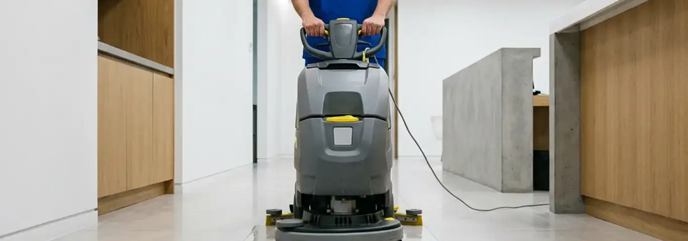 Janitorial staff using a floor scrubber machine to clean a commercial hallway, Rochester, NY.
