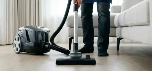 Professional house cleaner vacuuming a living room floor with a canister vacuum cleaner, Rochester, NY.