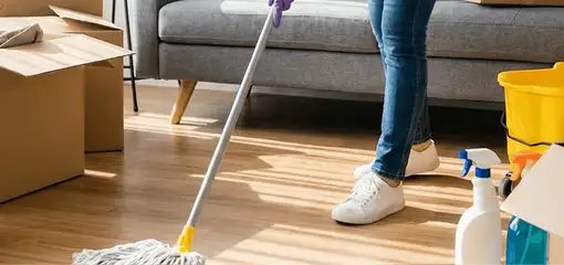 Move-out cleaning setup with a cleaner mopping hardwood floors near moving boxes and cleaning supplies, Rochester, NY.