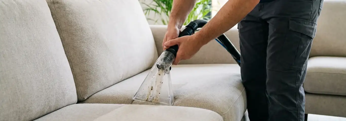 Technician extracting dirt and moisture from a fabric sofa with an upholstery cleaning wand, Rochester, NY.