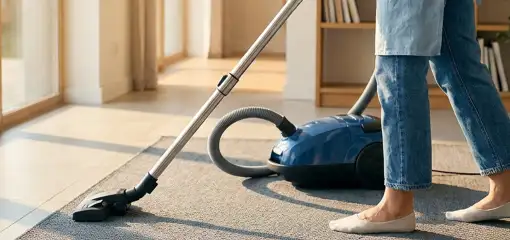Person vacuuming a living room rug with a canister vacuum cleaner near large windows, Rochester, NY.